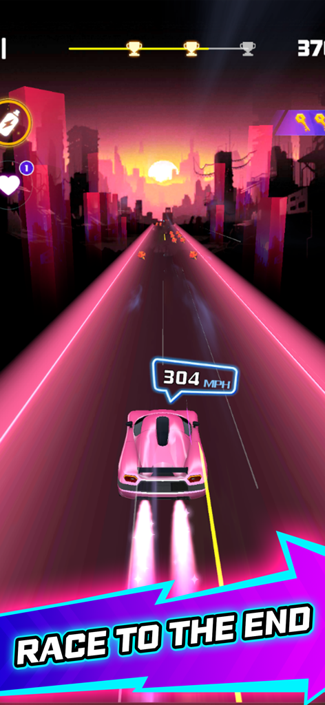 Rhythm Racer Music Go - A pink sports car racing through a neon synthwave city in Rhythm Racer Music Go.