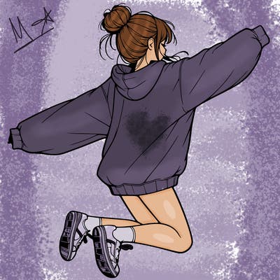 realistic girl jumping with a bun and oversized sweatshirt