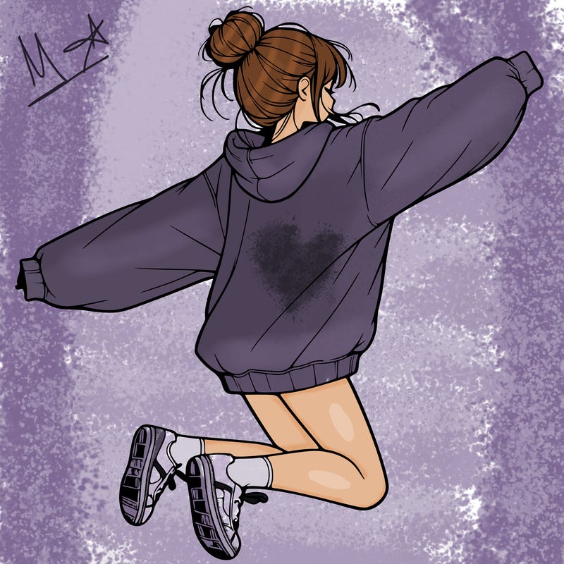 realistic girl jumping with a bun and oversized sweatshirt