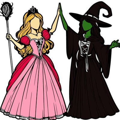 detailed realistic split of a princess and a witch