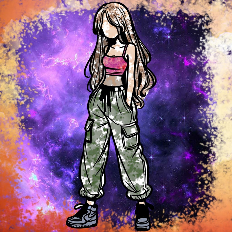 girl in baggy pants crop top and long hair