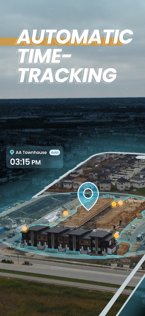 ConstructionClock Time Tracker - Aerial view of a construction site with a blue geofence overlay and GPS location marker for automatic time tracking