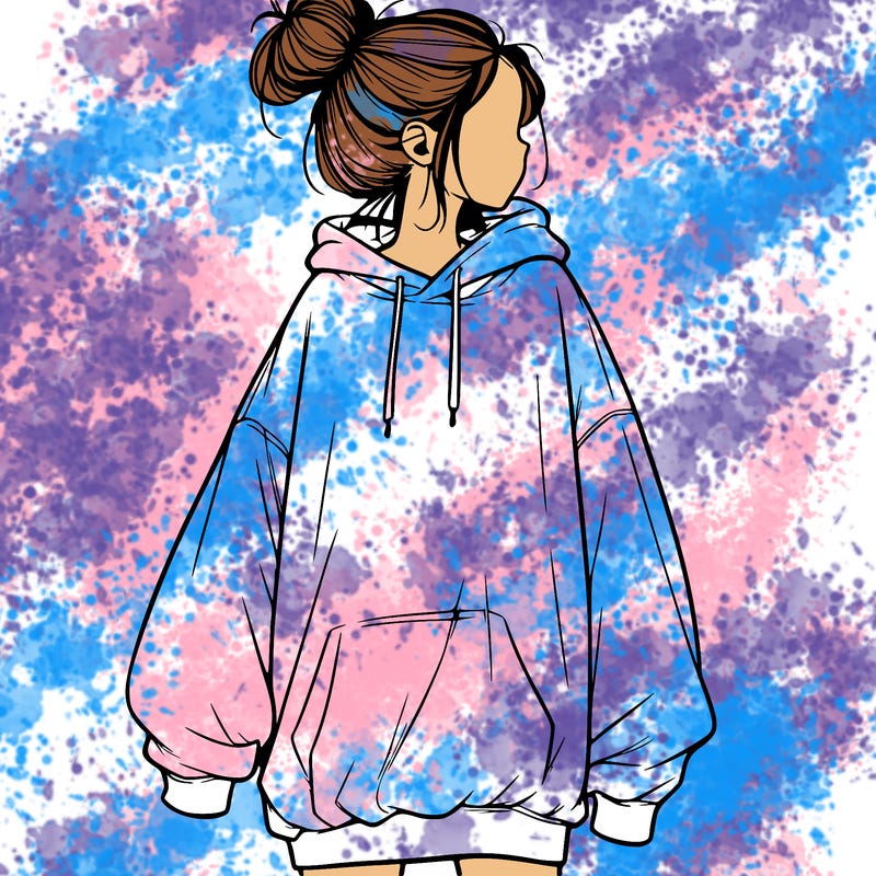 realistic girl with a oversized sweatshirt on and a bun