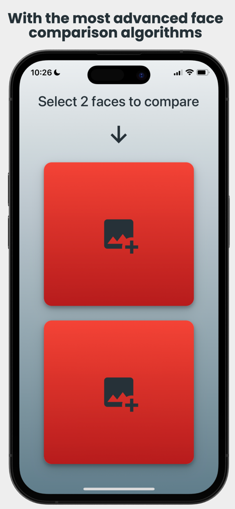 Compare Faces - La interfaz de la app Comparar Caras mostrando dos ranuras rojas para seleccionar caras para comparar con un encabezado sobre algoritmos avanzados.