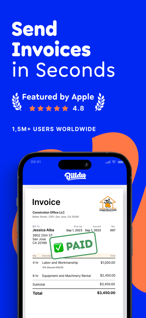 Invoice Maker Estimate Billdu - Billdu app screen showing a professional invoice marked as paid and the text Send Invoices in Seconds