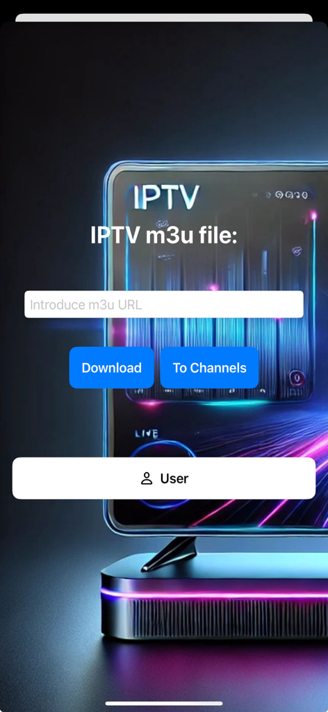 Interface of My IPTV app showing a field to enter an M3U URL and download buttons