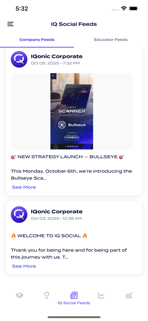 IQ Social app showing the company feeds tab with corporate market updates and trading strategy announcements.