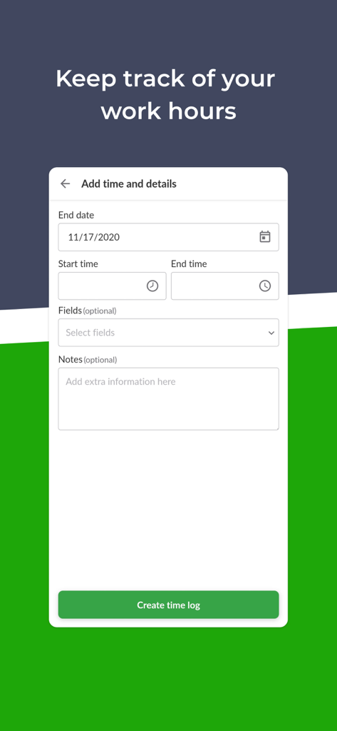 Écran de l'application eAgronom affichant un formulaire pour enregistrer les heures de travail avec des champs pour la date, l'heure et les notes