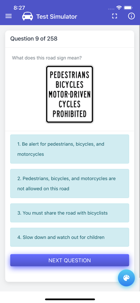Interface do aplicativo Teste Prático DVS de Minnesota mostrando uma pergunta sobre um sinal de trânsito.