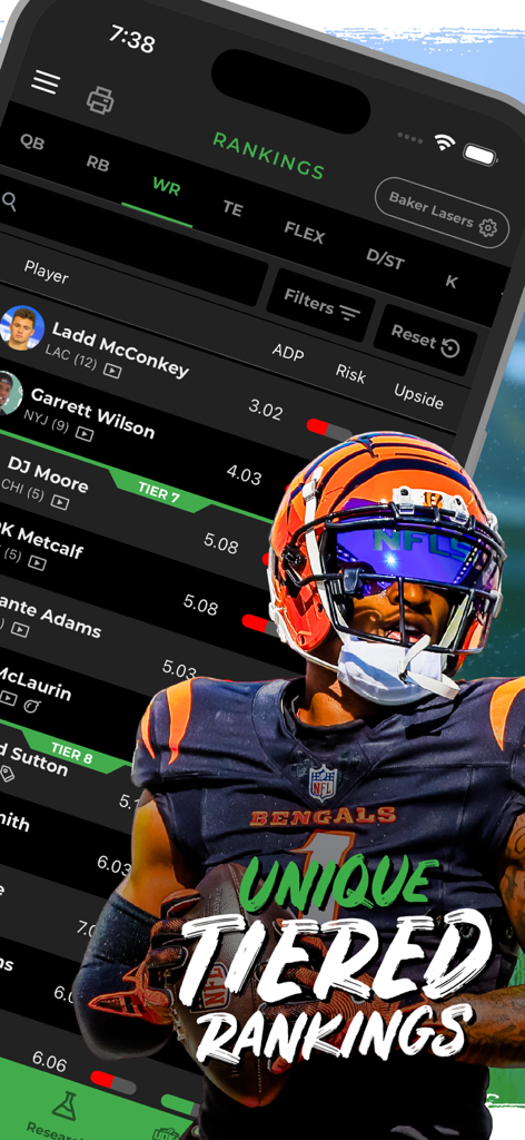 Fantasy Football Draft Kit app showing unique tiered rankings for NFL players.