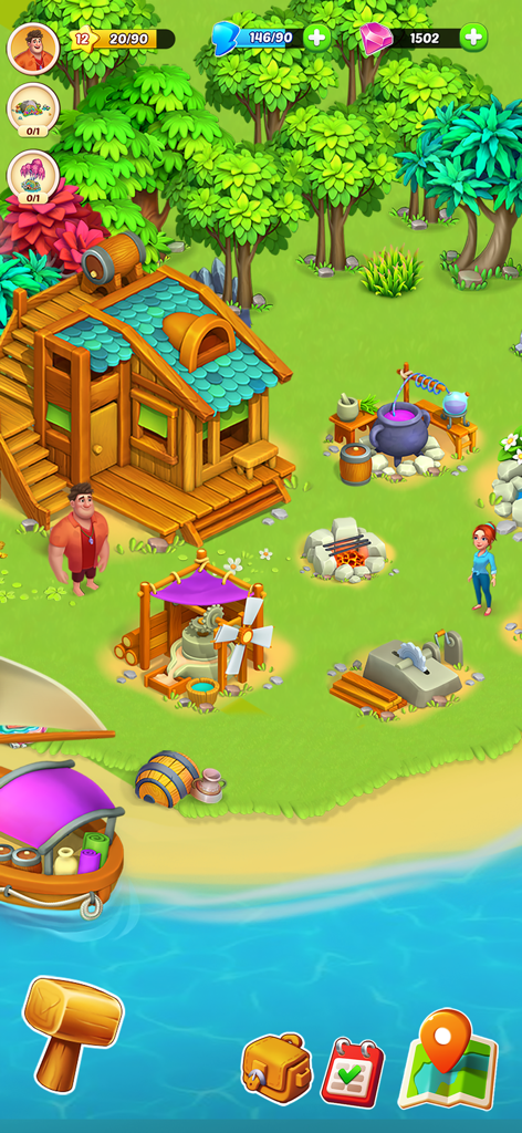 Horizon Island: Farm Adventure - Karl y Lara en una granja de isla tropical con una casa de madera y estaciones de elaboración