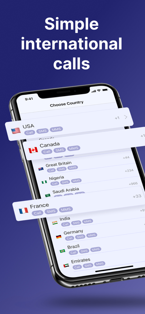 Interface do aplicativo Second Number mostrando uma lista de países para chamadas e mensagens internacionais simples.