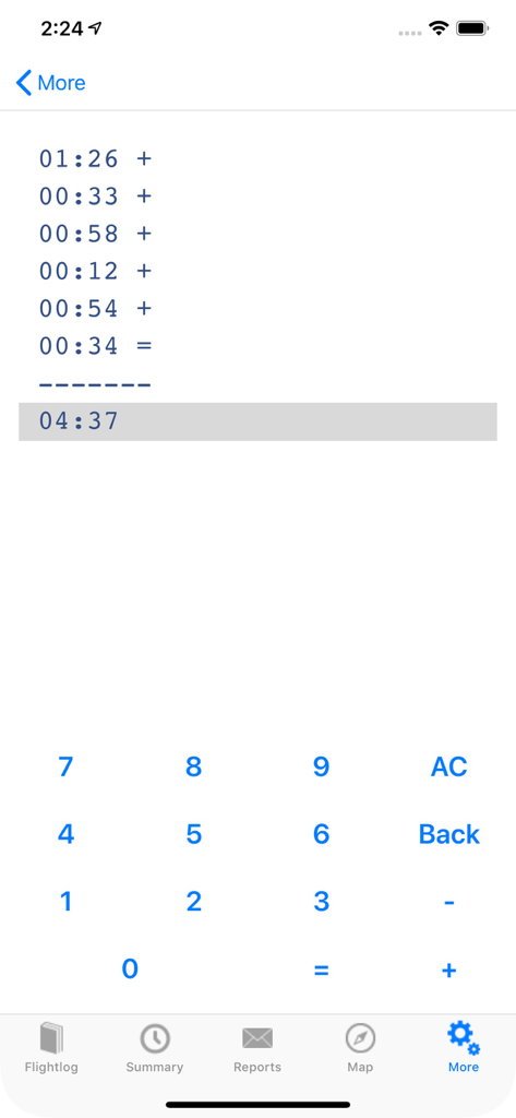 ROTAIR FlightLog - Pilot flight time calculator interface for adding hours and minutes