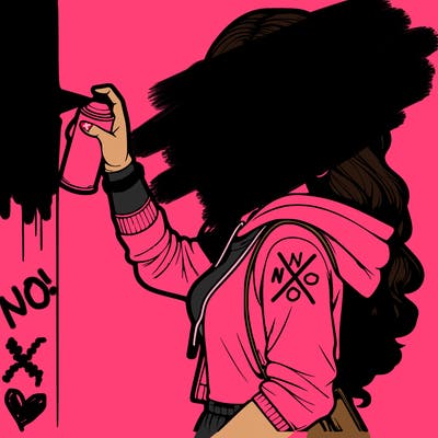 realistic girl with mask spray painting a wall