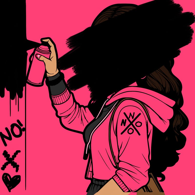 realistic girl with mask spray painting a wall