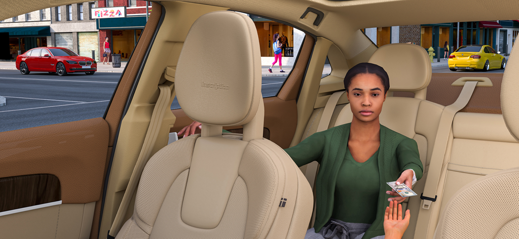 Russian Taxi Driving Simulator - Un pasajero pagando en efectivo en el asiento trasero de un taxi de lujo durante una simulación de conducción.