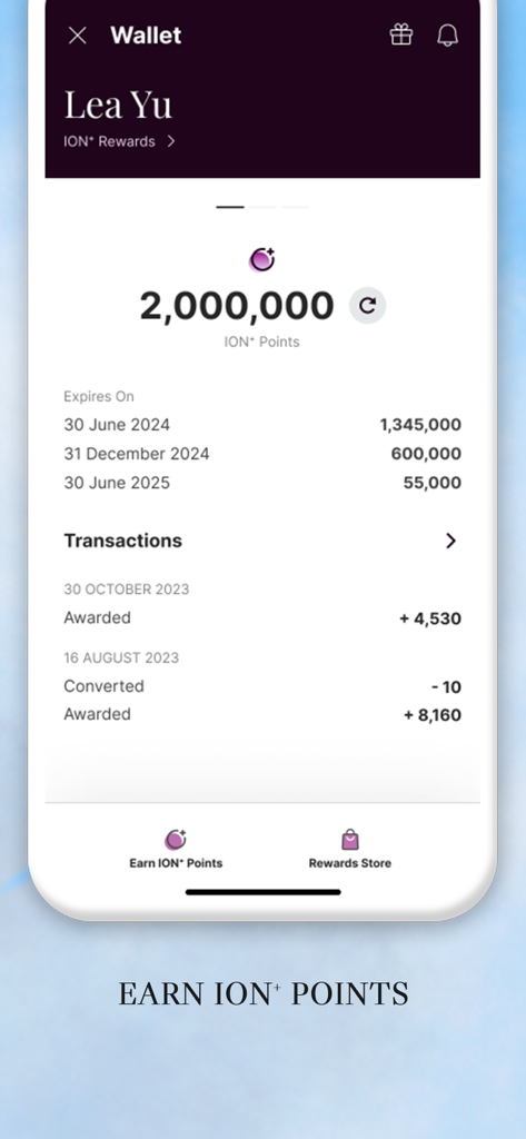 ION Orchard - ION Orchard app wallet interface showing points balance and rewards