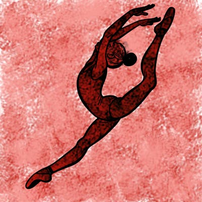 gymnast doing a leap in a leotard with a bent back leg