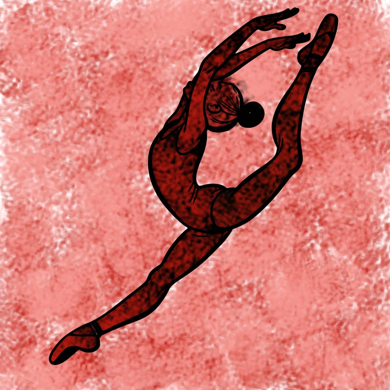 gymnast doing a leap in a leotard with a bent back leg