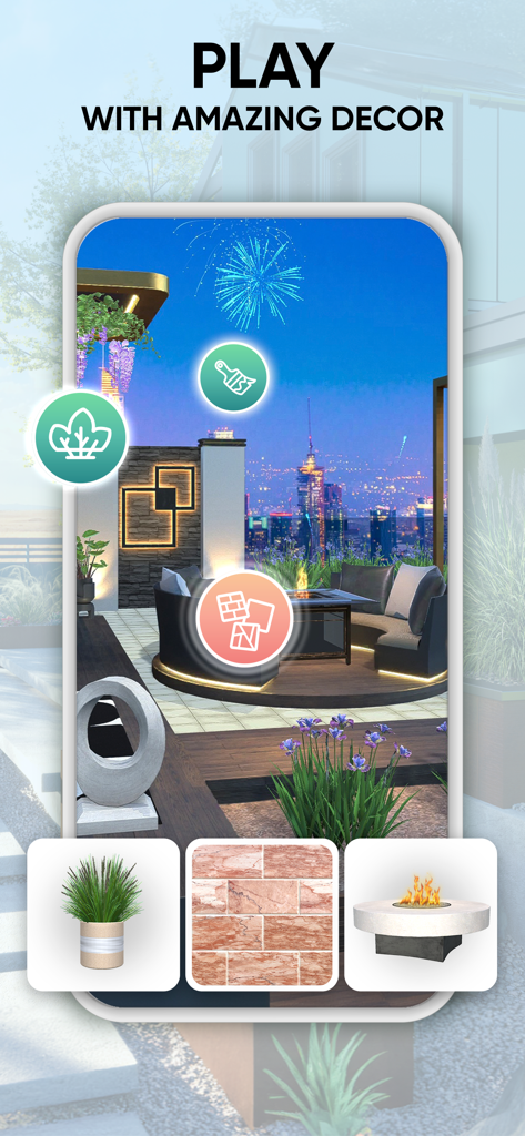 Garden Joy: Exterior Designer - 도시 전망과 함께 익스테리어 파티오 디자인 옵션을 보여주는 가든 조이의 스크린샷