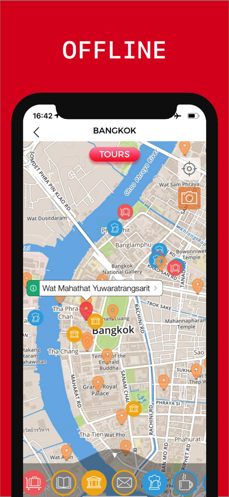 Bangkok Travel Guide . - Screenshot of the Bangkok Travel Guide app showing a 100 percent offline map with points of interest including temples and restaurants