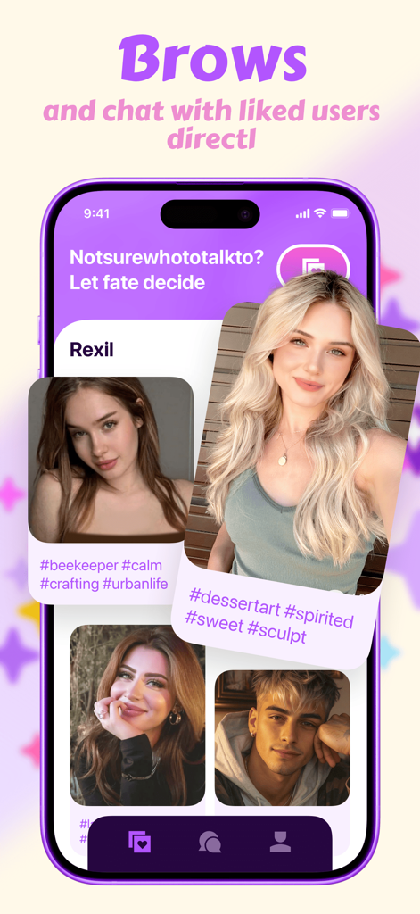 렉실 앱 스크린샷으로, 성격 태그와 매치 기능이 있는 다양한 AI 동반자 프로필을 보여줍니다.