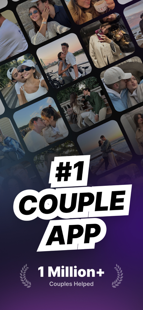Loverzz app intro screen featuring a couple photo collage and text highlighting one million couples helped.