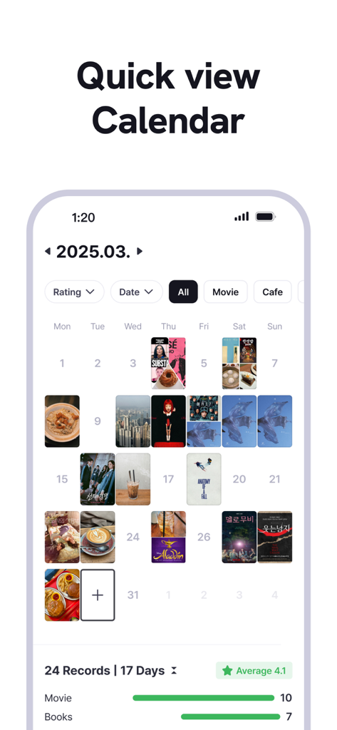 Vista rápida del calendario de la aplicación Repov mostrando registros mensuales con miniaturas de imágenes de películas y cafés.