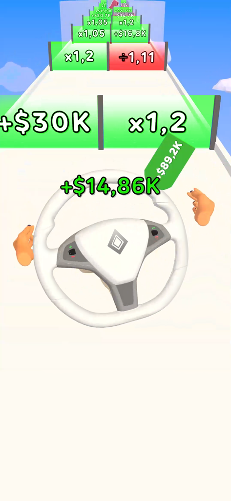 Steering Wheel Evolution - A white steering wheel passing through money and multiplier gates in a racing runner game