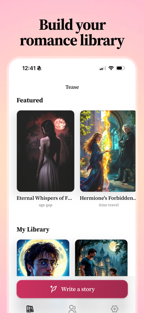 Tease: Spicy Romantic Fiction - Benutzeroberfläche der Tease App, die eine persönliche Bibliothek mit KI-generierten Liebesromanen mit hervorgehobenen Covers und einer Schaltfläche zum Schreiben von Geschichten anzeigt.