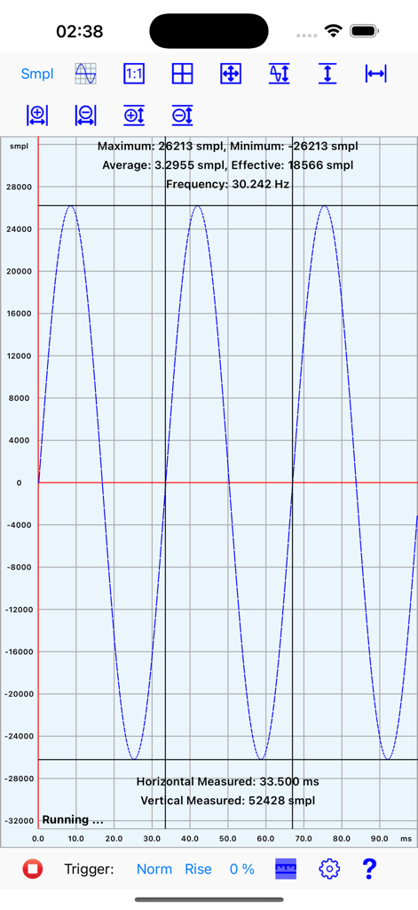Mobile Oscilloscope - 모바일 오실로스코프 앱 인터페이스에 기술적인 주파수 측정값이 표시된 파란색 사인파가 표시됩니다.