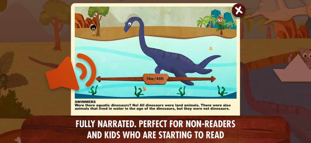 Educational screen from the app showing an aquatic prehistoric creature with narration text for early readers