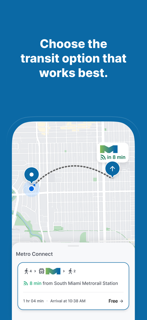 MetroConnect Miami-Dade - MetroConnect app interface showing transit route planning and arrival times for South Miami Metrorail Station