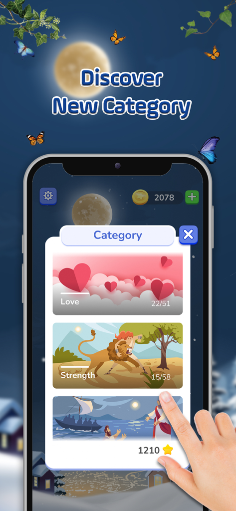 Bible Crossword Games - Biblical crossword puzzle category menu featuring Love and Strength themes
