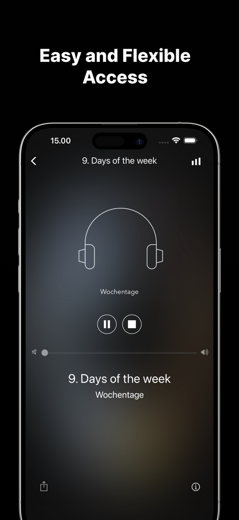 Lernen-App-Oberfläche, die eine deutsche Audio-Lektion für Wochentage anzeigt.