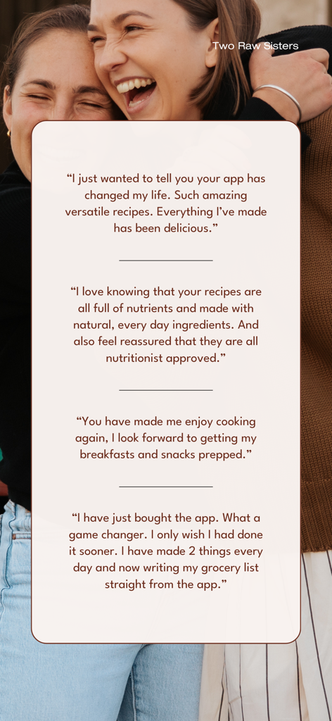 Two Raw Sisters Recipes - Positive user testimonials for the Two Raw Sisters healthy cooking app