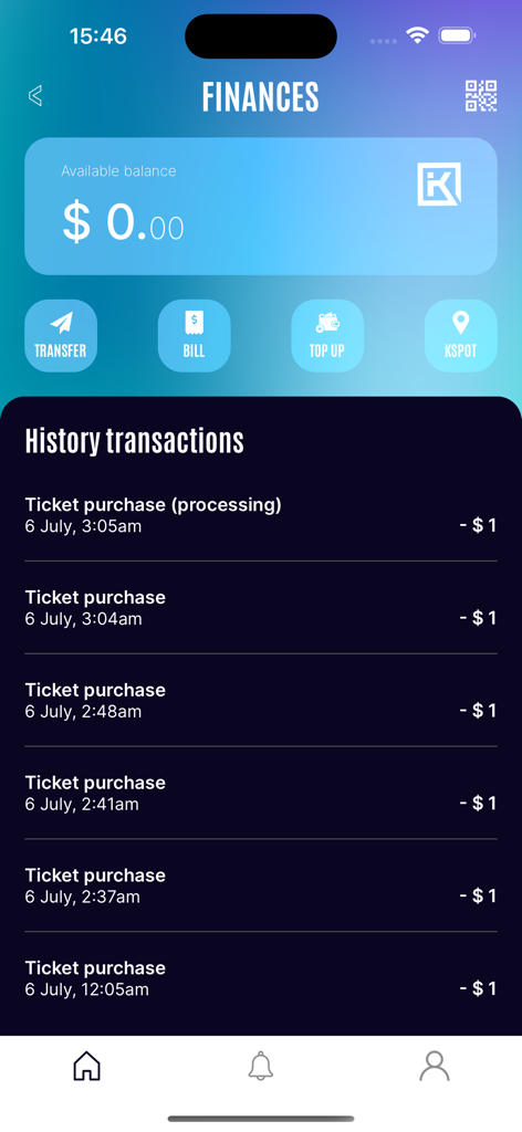 Kband - Interfaz de la aplicación financiera Kband que muestra el saldo disponible y un historial de transacciones de compra de entradas