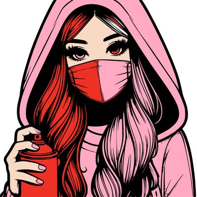 girl wearing a mask with long hair with her hood up spray-painting realistic