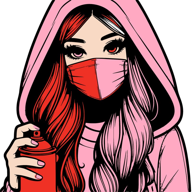 girl wearing a mask with long hair with her hood up spray-painting realistic