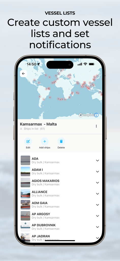 ShipAtlas - Ship Tracker - ShipAtlas app interface showing custom vessel lists and maritime tracking notifications