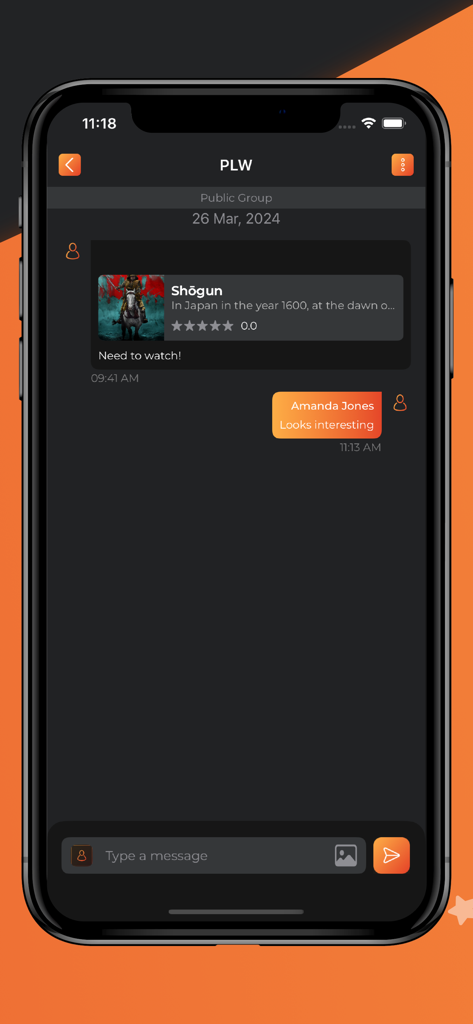 FlikPix- Find Gr8 movies fast - Interface de chat social do aplicativo móvel FlikPix mostrando uma recomendação de série de TV e comentários de usuários.