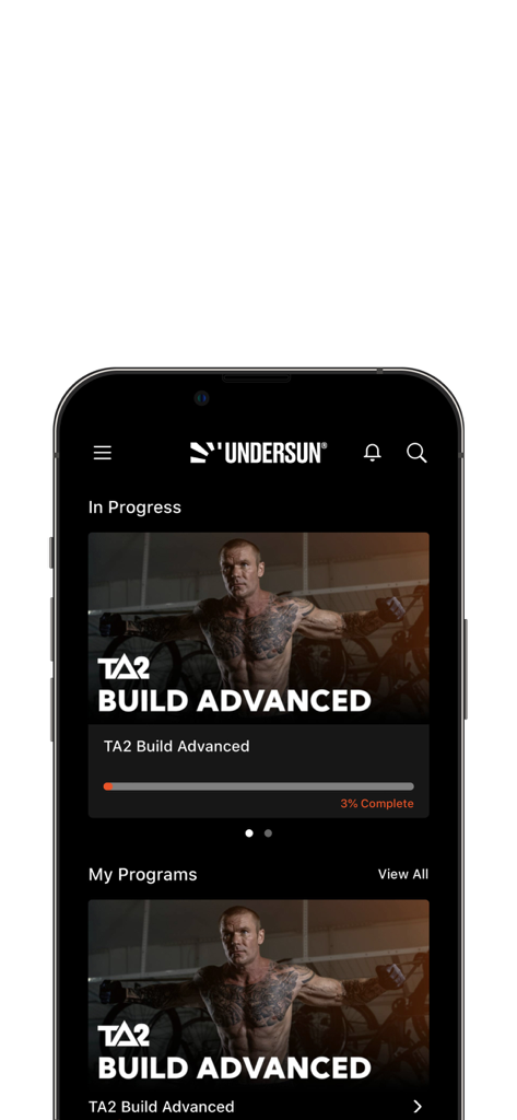 Undersun Fitness - Smartphone screen showing the Undersun Fitness app with a TA2 Build Advanced workout program