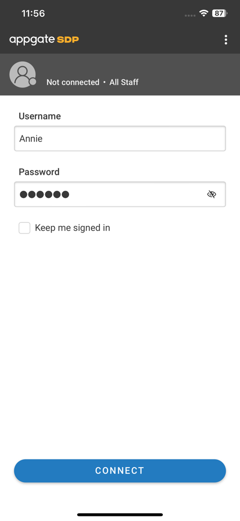 Interfaz de inicio de sesión para el cliente móvil Appgate SDP que muestra los campos de entrada de nombre de usuario y contraseña