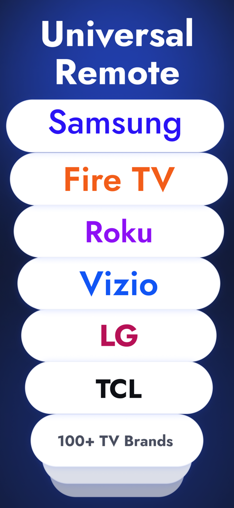 A list of smart TV brands compatible with the universal remote app including Samsung, Fire TV, Roku, Vizio, LG, and TCL.
