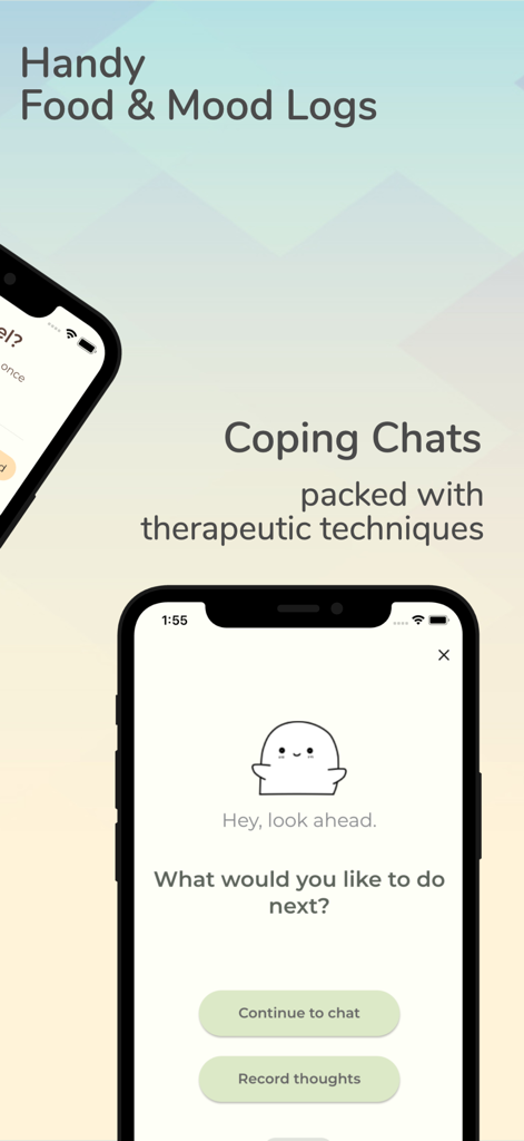 Brighter Bite - ED Recovery - Brighter Biteアプリのスクリーンショット。セラピー的なコーピングチャットと、食事や気分のログが表示されています。