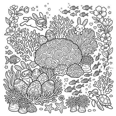 Discover an extraordinary Easter adventure with this unique coral reef coloring page. Submerge yourself in a vibrant underwater world featuring playful bunnies, intricate coral, and beautifully decorated Easter eggs ready for your creative touch.