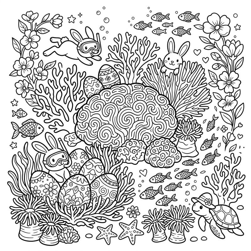 Discover an extraordinary Easter adventure with this unique coral reef coloring page. Submerge yourself in a vibrant underwater world featuring playful bunnies, intricate coral, and beautifully decorated Easter eggs ready for your creative touch.