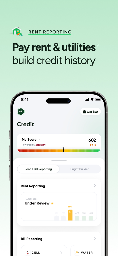Bright app screen showing rent and utility reporting to build credit history