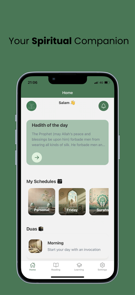Taqwa Planner - Tela inicial do aplicativo Taqwa Planner exibindo o Hadith do dia e os horários espirituais diários em um design minimalista e limpo.