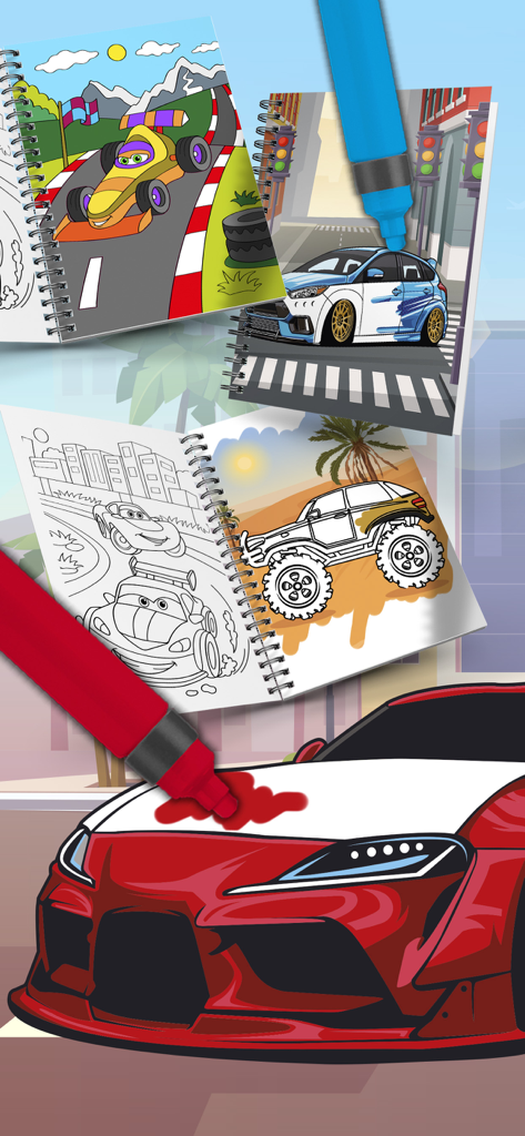 Cars Coloring Book and Pages - A digital coloring book for children featuring various car drawings and virtual markers